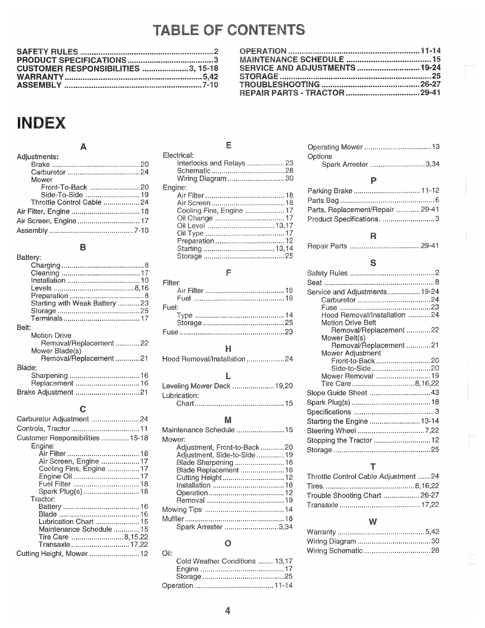Table of coml'its, Index | Poulan 139700 User Manual | Page 4 / 48