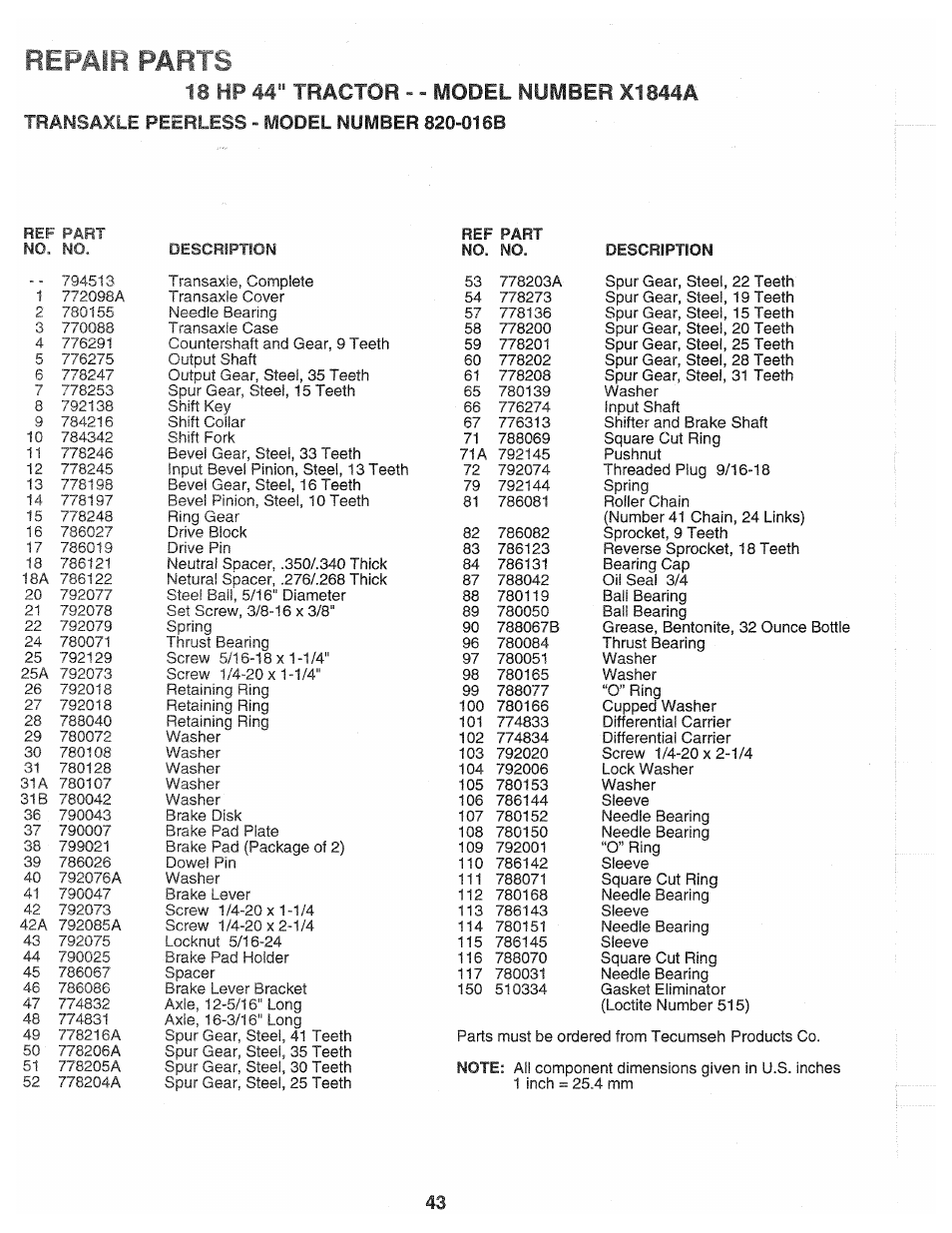 18 hp 44" tractor - - model number x1844a, Bepaih, Parts | Poulan 139700 User Manual | Page 43 / 48