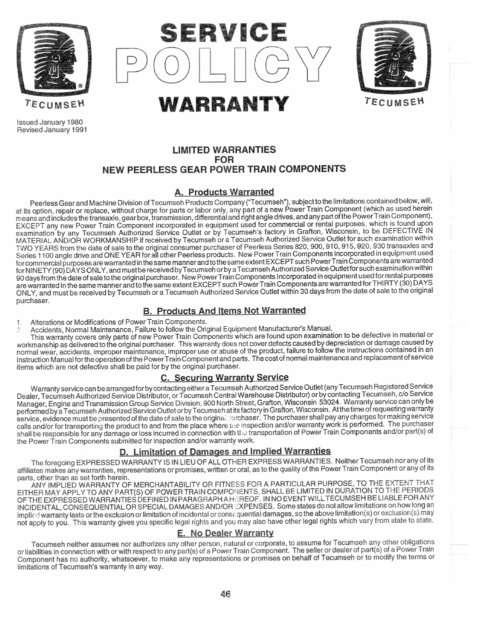 Service, Warranty, C. securing warranty service | D. limitation of damages and implied warranties, E. no dealer warranty, Warranty ,42 | Poulan 139700 User Manual | Page 46 / 48