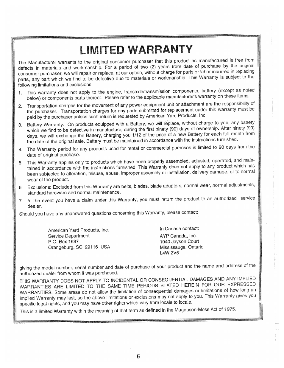 Limited warranty | Poulan 139700 User Manual | Page 5 / 48