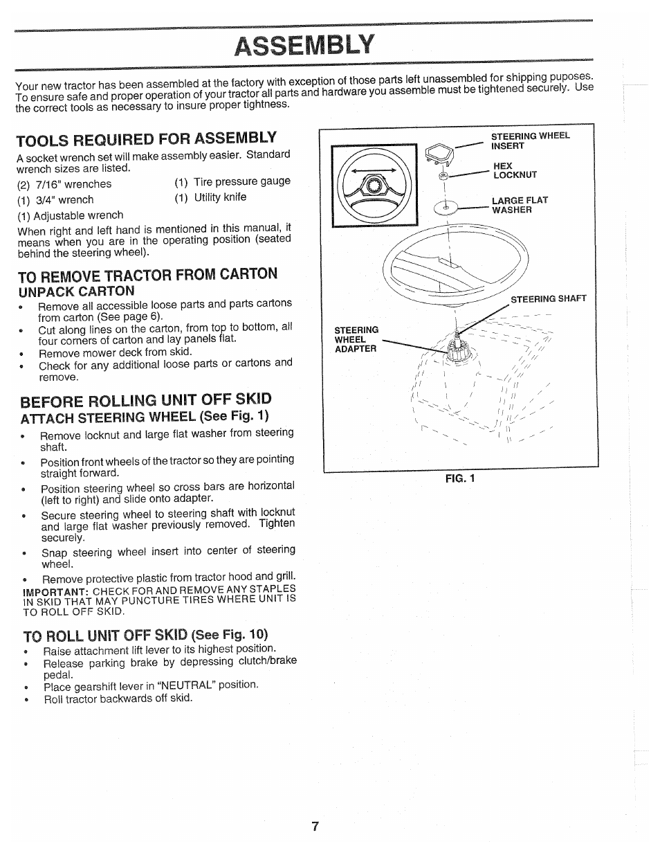 Unpack carton, Assembly, Before rolling unit off skid | Tools required for assembly | Poulan 139700 User Manual | Page 7 / 48