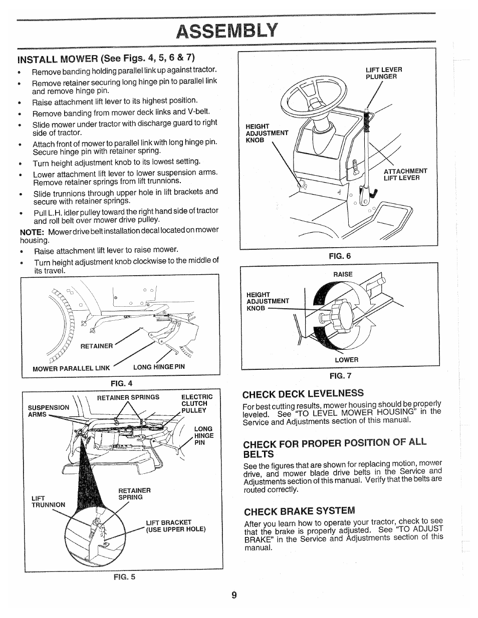 Check deck levelness, Check for proper position of all belts, Check brake system | Assembly | Poulan 139700 User Manual | Page 9 / 48