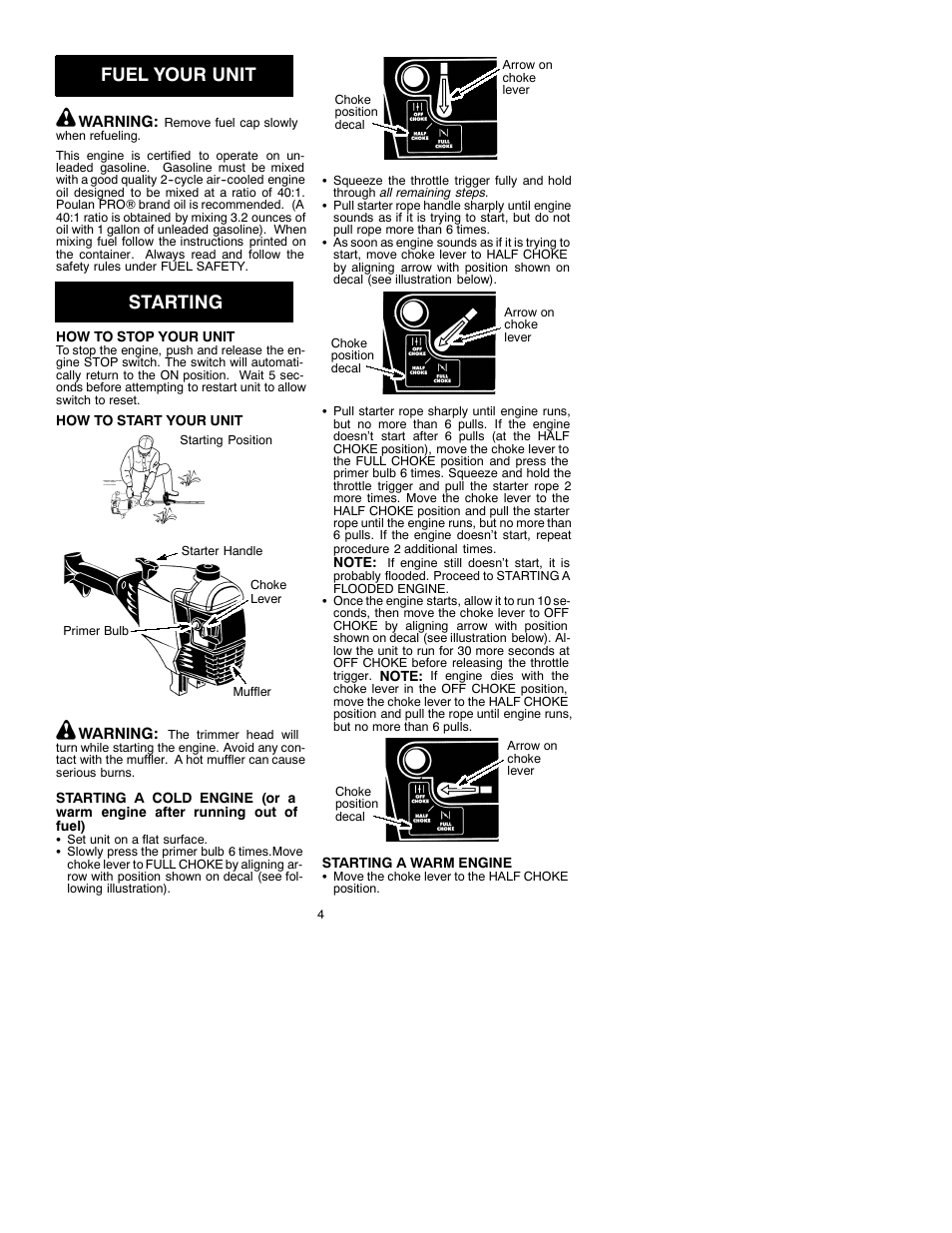Fuel your unit, Starting | Poulan 530088914 User Manual | Page 4 / 8
