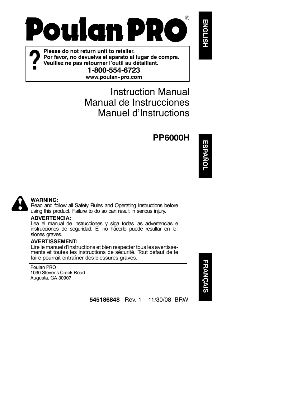 Poulan PP6000H User Manual | 8 pages