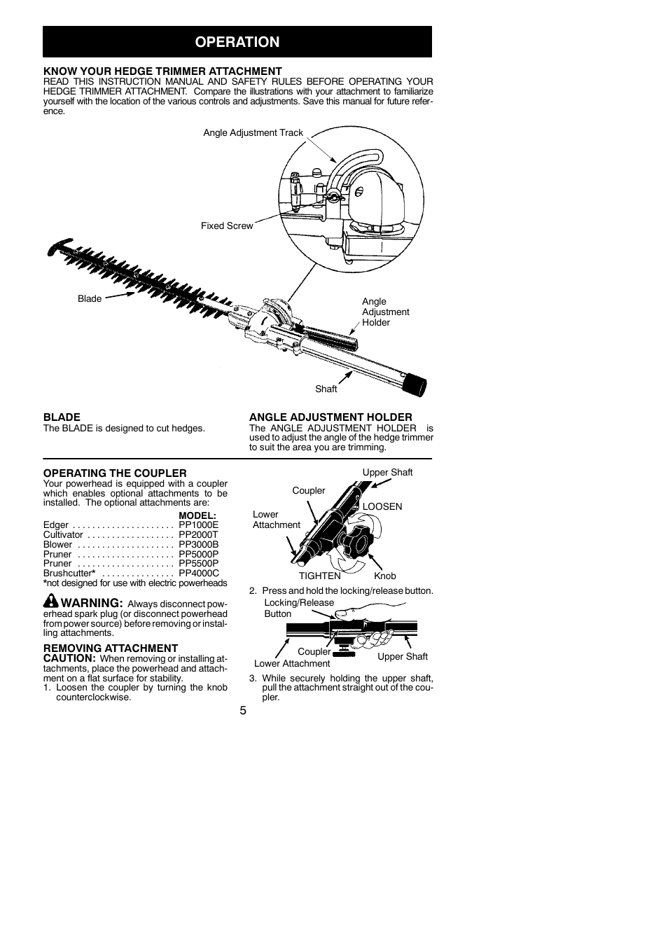 Operation, Warning | Poulan PP6000H User Manual | Page 5 / 8