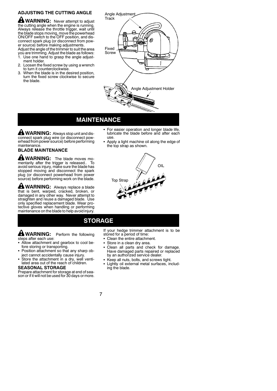 Maintenance, Storage, Warning | Poulan PP6000H User Manual | Page 7 / 8