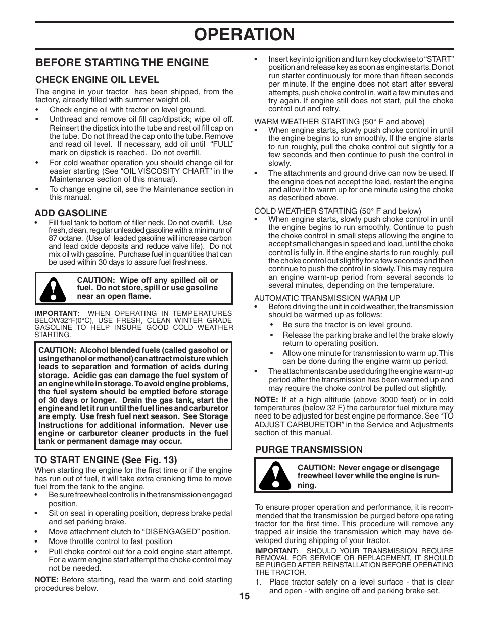 Operation, Before starting the engine | Poulan 406255 User Manual | Page 15 / 32