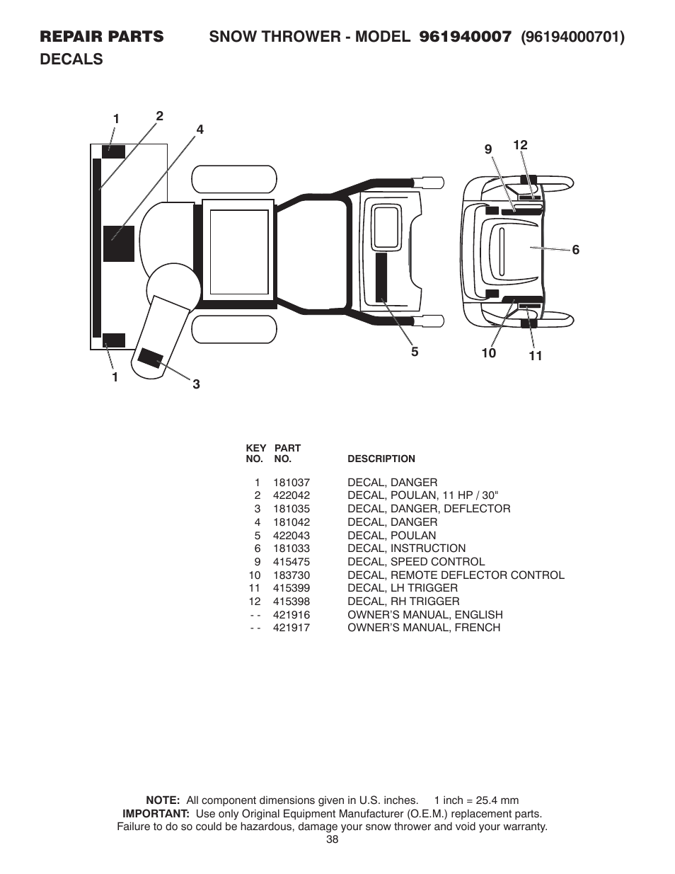 Poulan 961940007 User Manual | Page 38 / 40