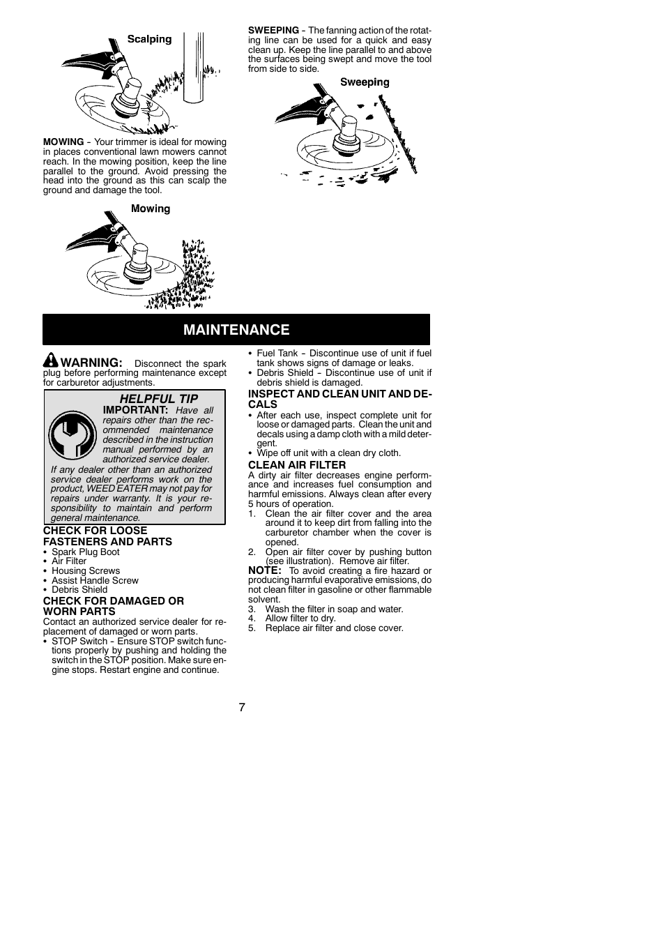 Maintenance, Warning, Helpful tip | Poulan MX557 User Manual | Page 7 / 12