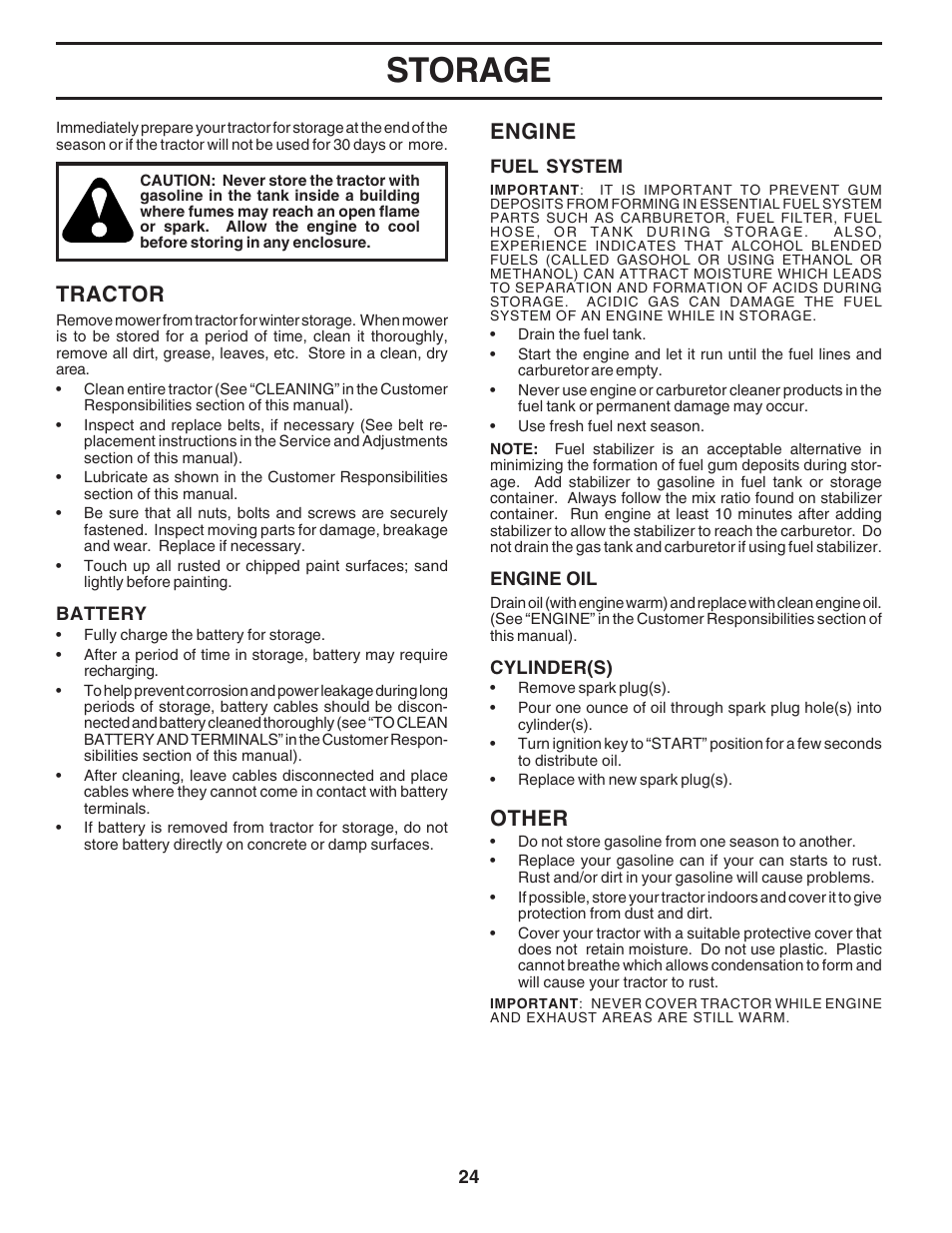 Storage, Tractor, Engine | Other | Poulan 181347 User Manual | Page 24 / 48