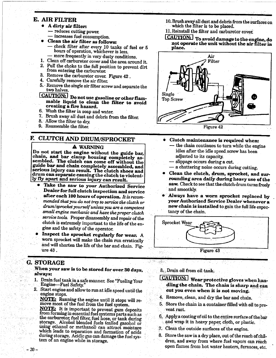 E. air filter, F. clutch and drum/sprocket, G. storage | I cautfq£jlj | Poulan PRO 305 User Manual | Page 20 / 24