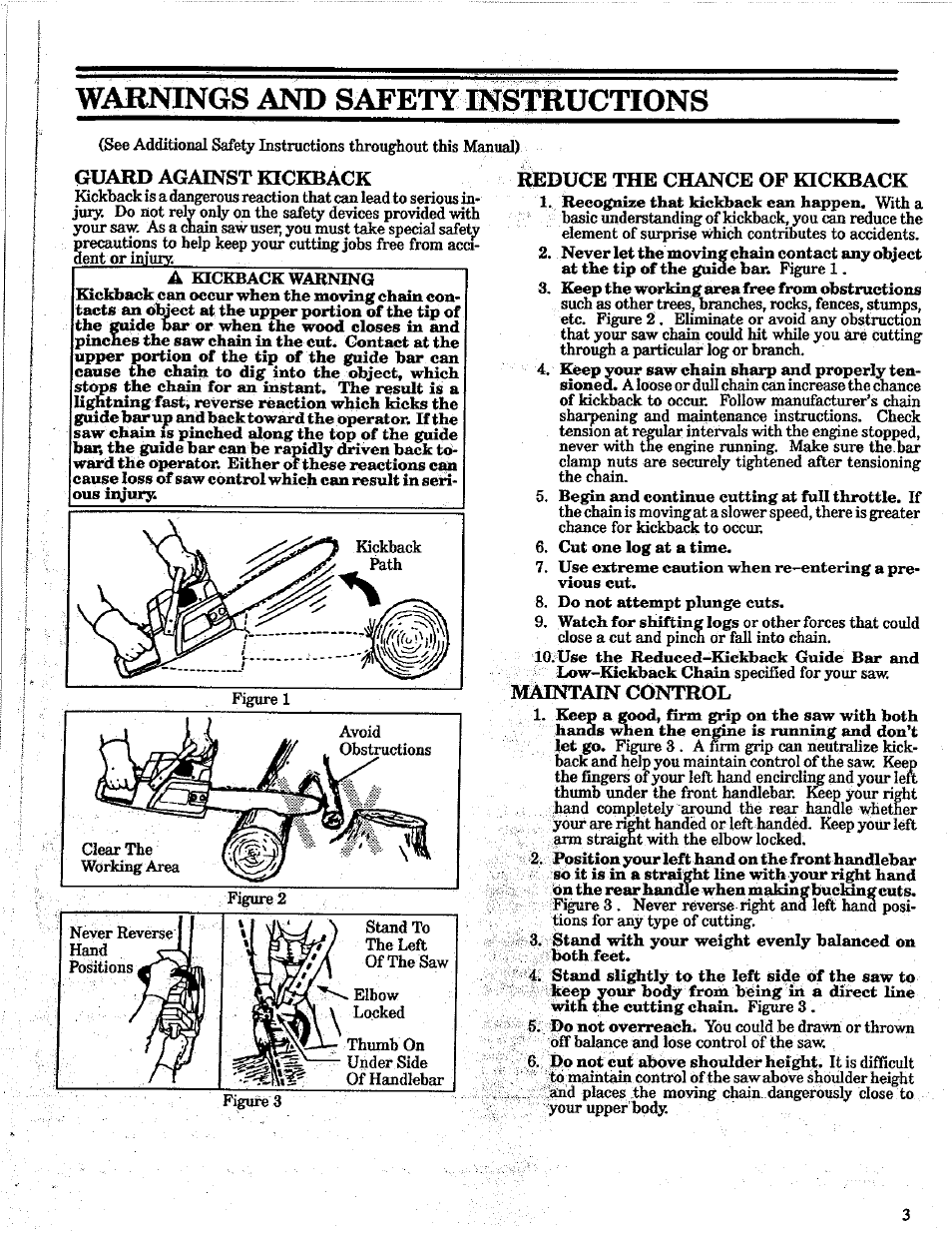 Guard against kickbagk, Reduce the chance of kickback, Maevtain control | Warnings and safety instructions | Poulan PRO 305 User Manual | Page 3 / 24