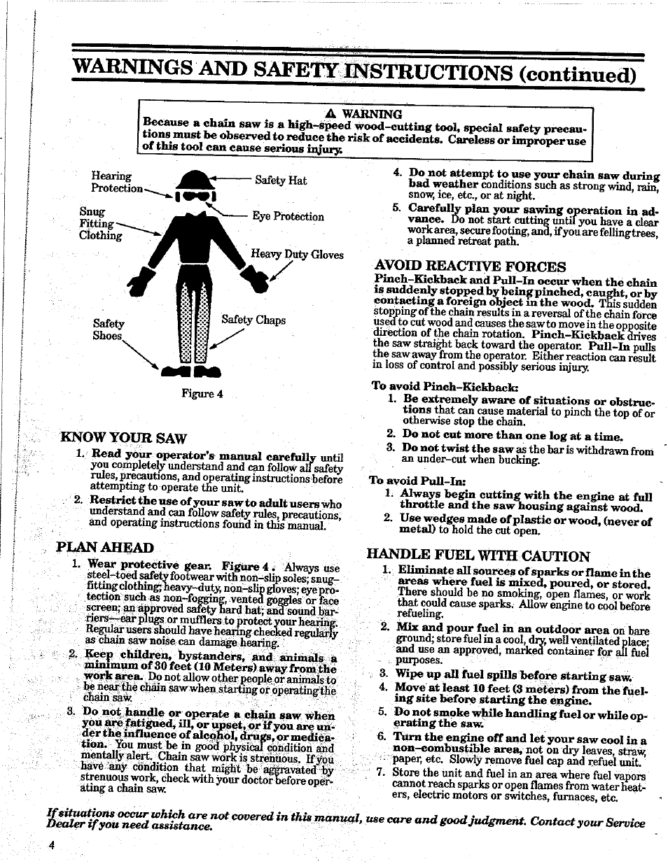 Knowypuksaw, Pianaheiad, Avoid reactive forces | Handle fuel with caution, Warnings and safety insitiuctions (continued) | Poulan PRO 305 User Manual | Page 4 / 24