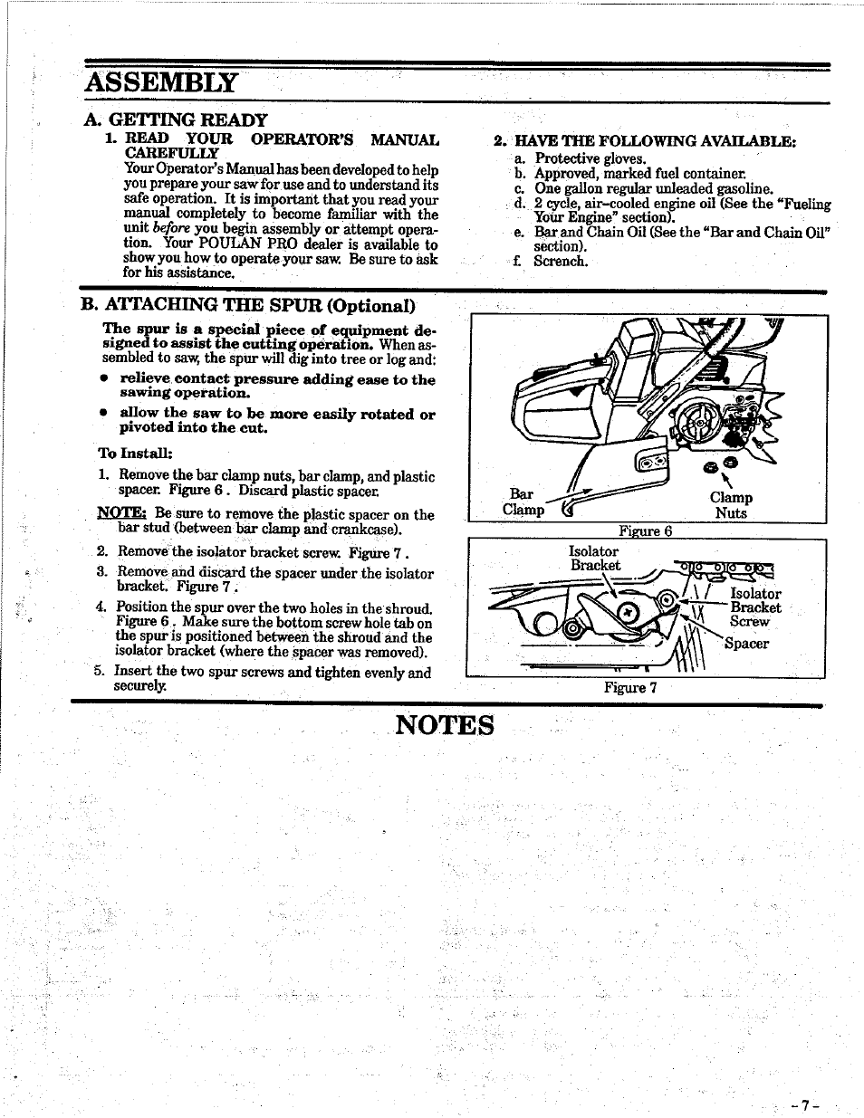 A. getting ready, B. attaching the spur (optional), Notes | Poulan PRO 305 User Manual | Page 7 / 24