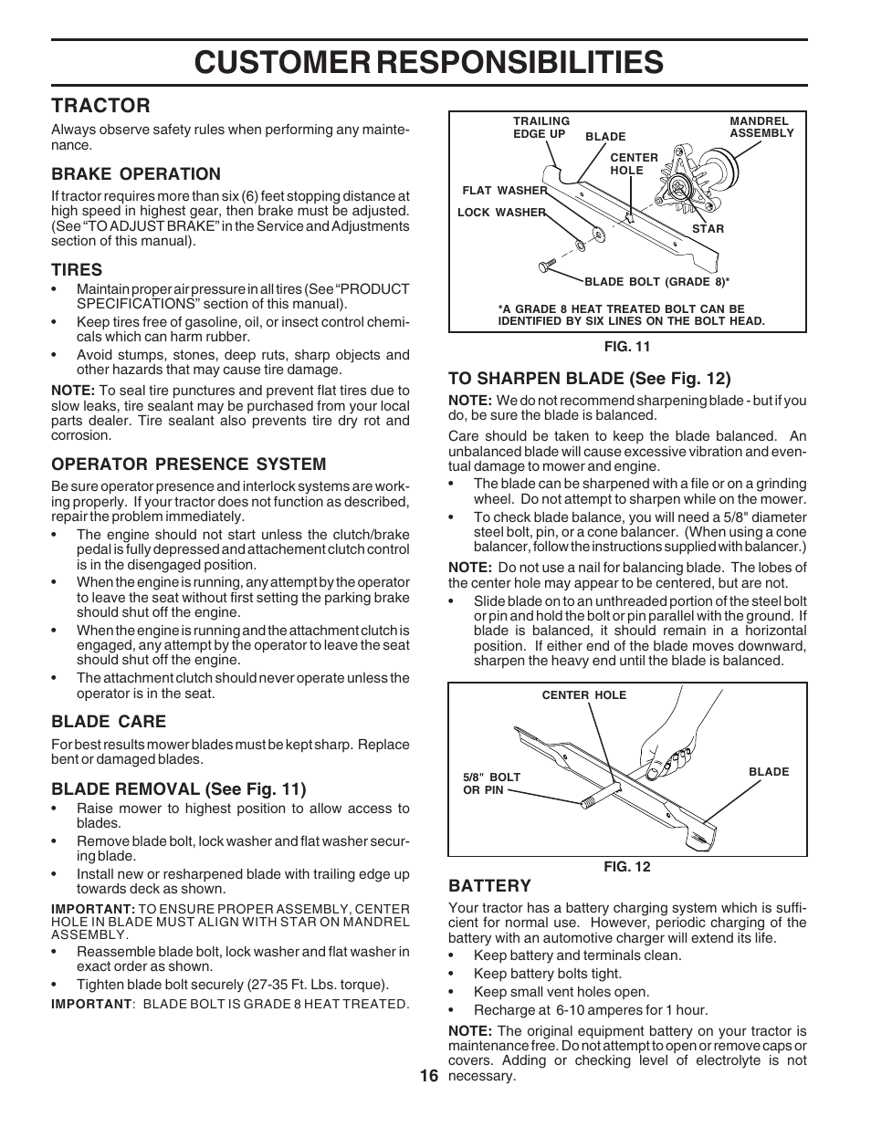 Customer responsibilities, Tractor | Poulan 183249 User Manual | Page 16 / 48