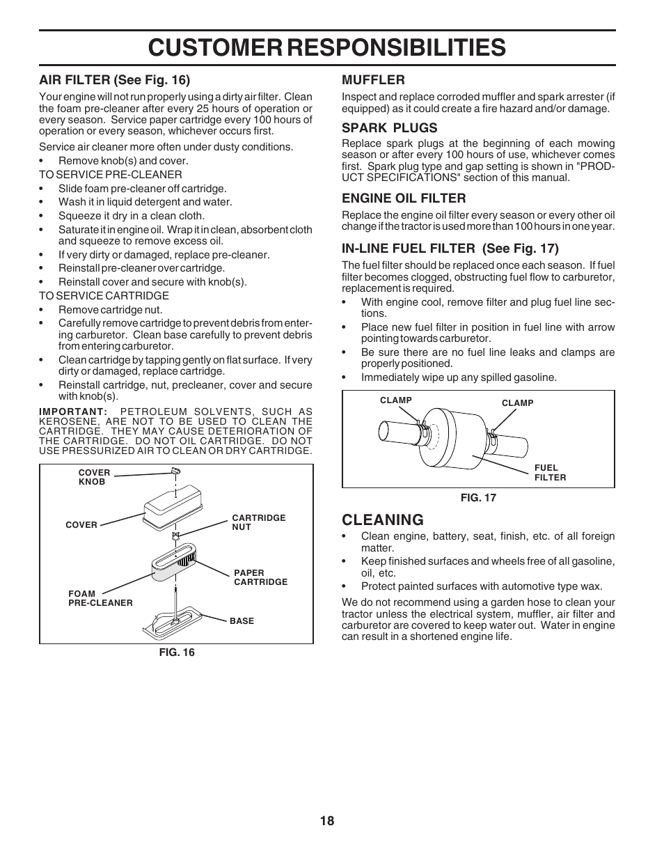 Customer responsibilities, Cleaning | Poulan 183249 User Manual | Page 18 / 48