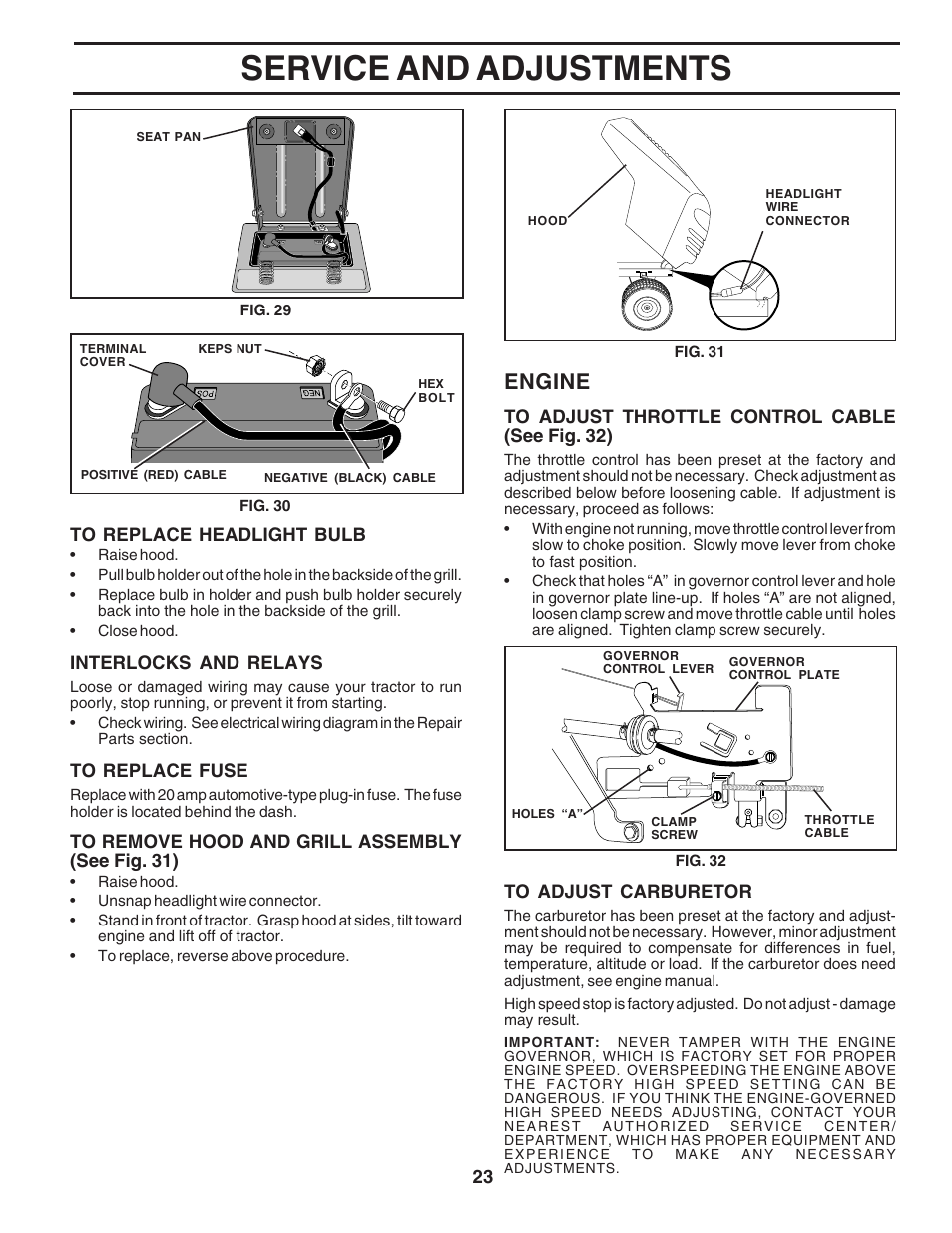 Service and adjustments, Engine | Poulan 183249 User Manual | Page 23 / 48