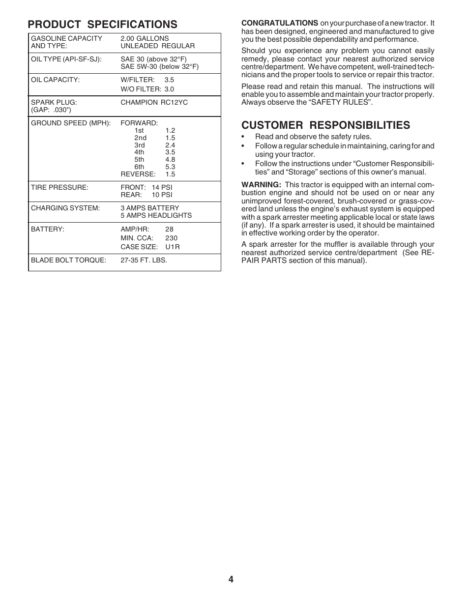 Product specifications, Customer responsibilities | Poulan 183249 User Manual | Page 4 / 48