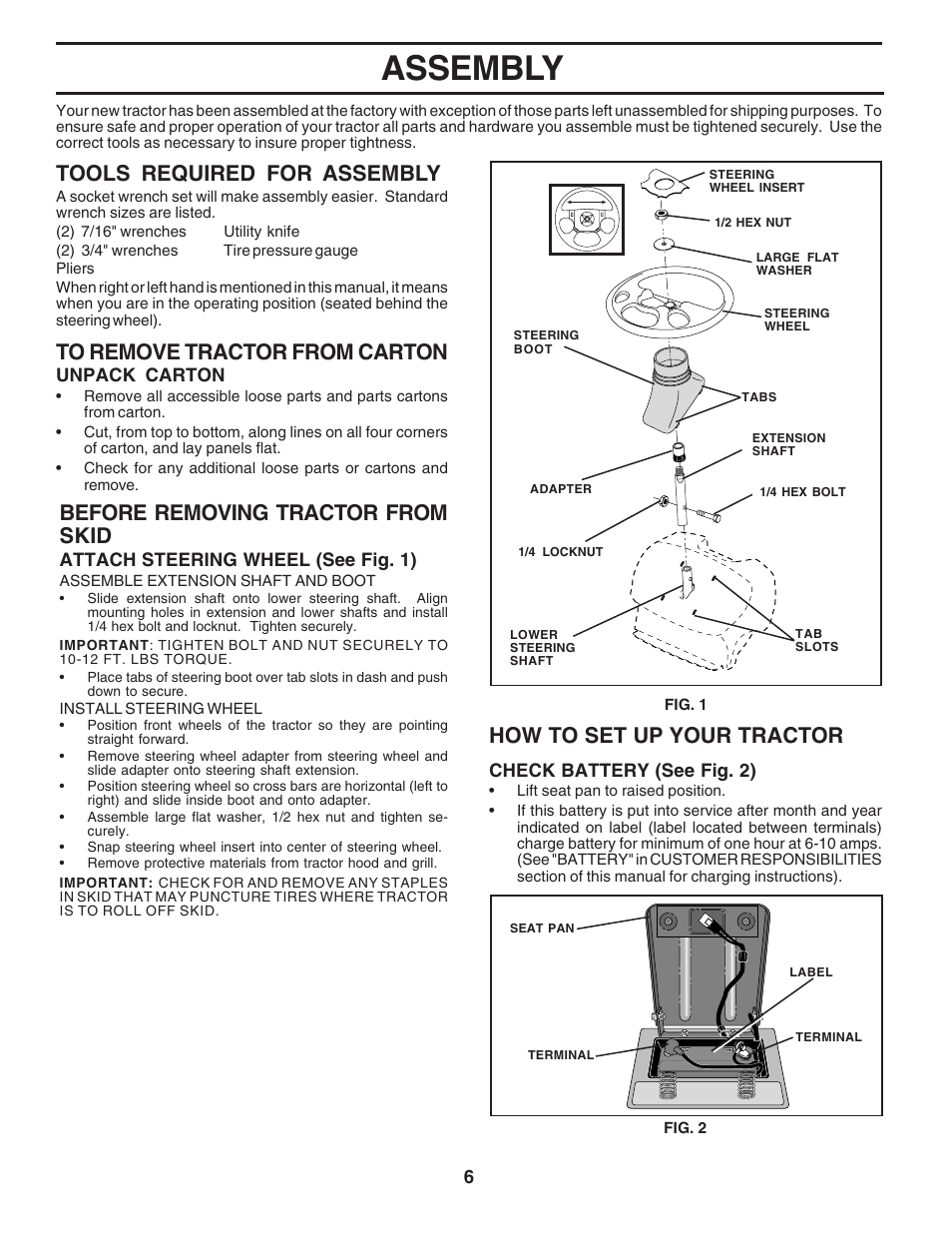 Assembly, Tools required for assembly, How to set up your tractor | Before removing tractor from skid | Poulan 183249 User Manual | Page 6 / 48