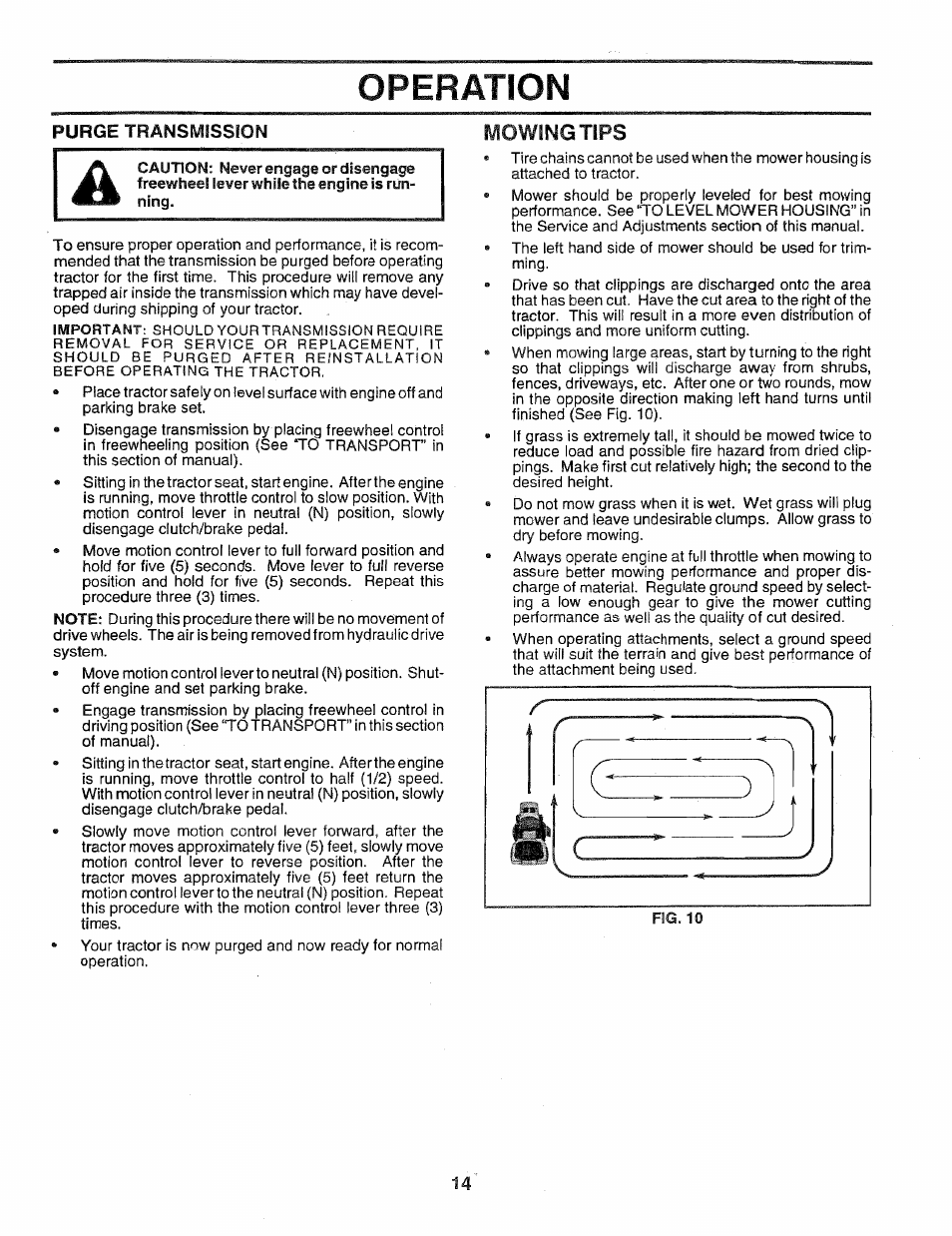 Purge transmission, Operation, Mowing tips | Poulan 163022 User Manual | Page 14 / 52