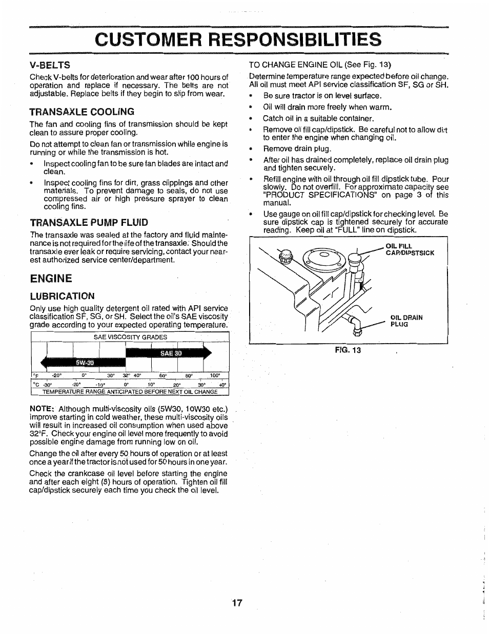 V-belts, Transaxle cooling, Transaxle pump fluid | Lubrication, Customer responsibilities, Engine | Poulan 163022 User Manual | Page 17 / 52