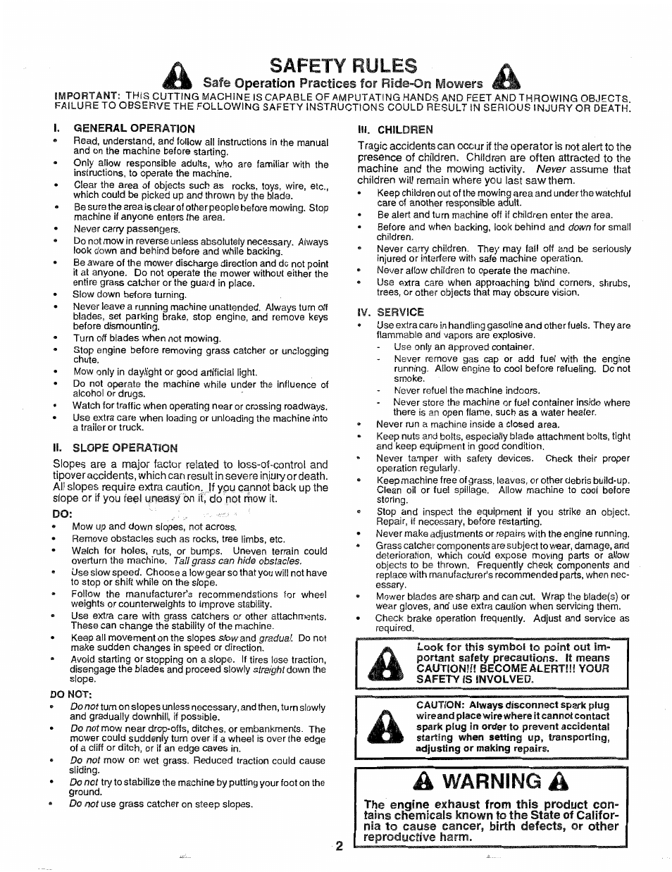 Safe operation practices for ride-on mowers, Safety rules, Warning | Important, General operation, Do not, Safe operation practices for ride-on | Poulan 163022 User Manual | Page 2 / 52