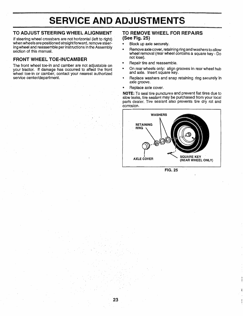 To adjust steering wheel alignment, Front wheel toe-in/camber, To remove wheel for repairs (see fig. 25) | Service and adjustments | Poulan 163022 User Manual | Page 23 / 52