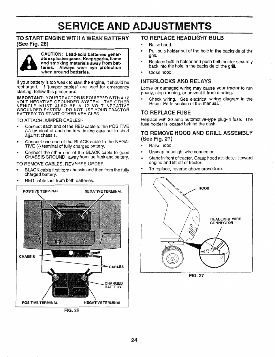 To replace headlight bulb, Interlocks and relays, To replace fuse | To remove hood and grill assembly (see fig. 27), Service and adjustments | Poulan 163022 User Manual | Page 24 / 52