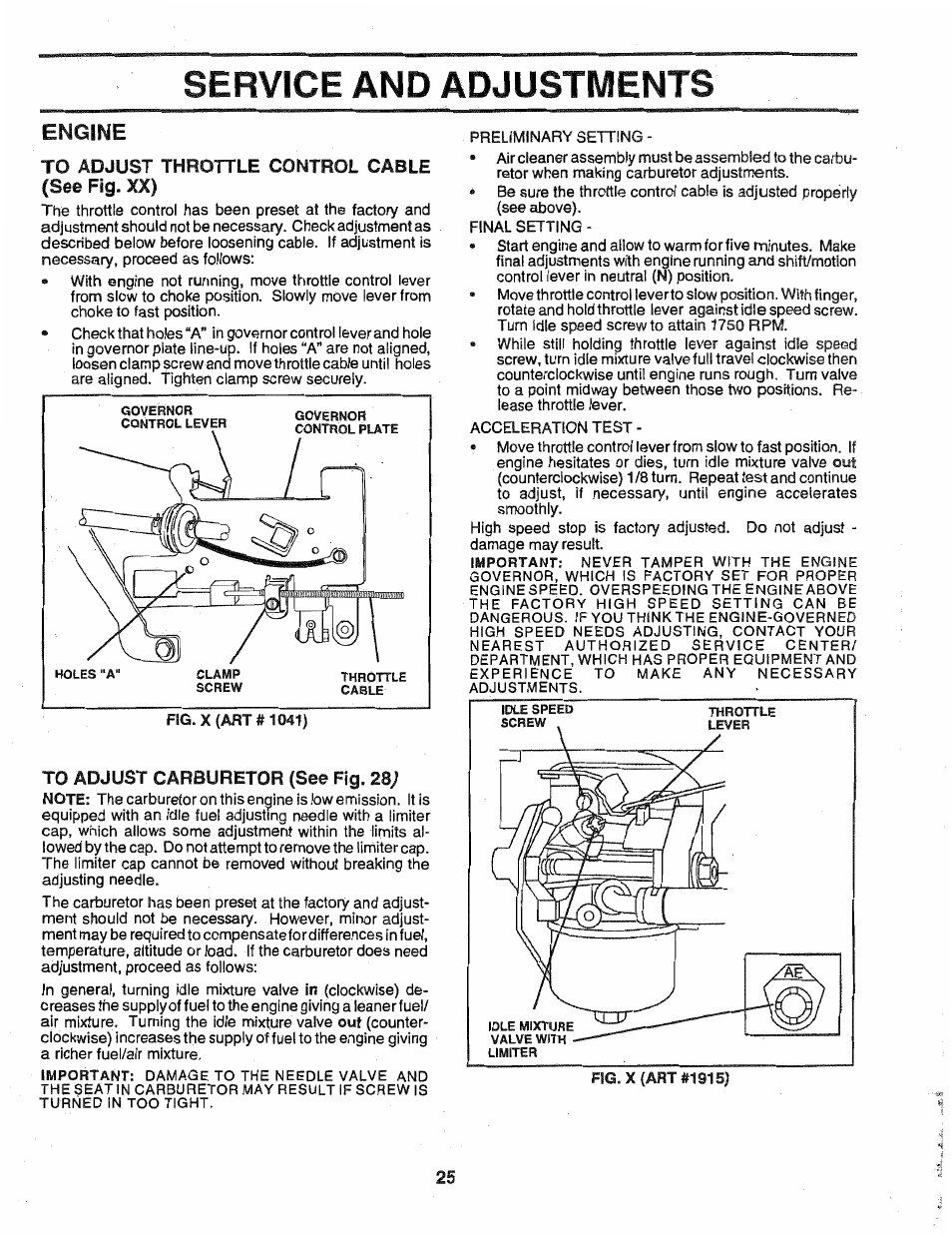 To adjust throttle control cable (see fig. xx), Service and adjustments, Engine | Poulan 163022 User Manual | Page 25 / 52