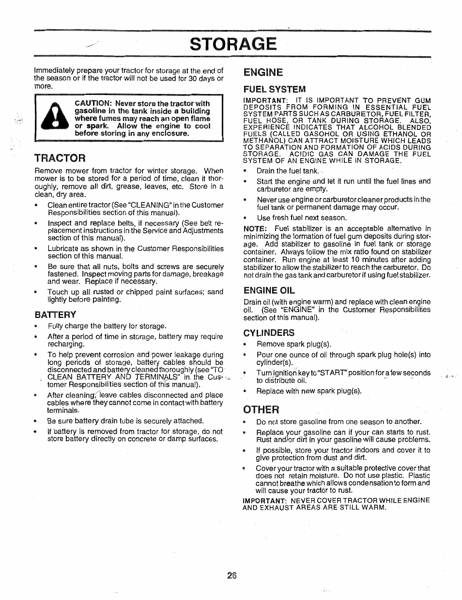 Storage, Battery, Engine | Fuel system, Engine oil, Cylinders, Engine oil ,17, Tractor, Other | Poulan 163022 User Manual | Page 26 / 52