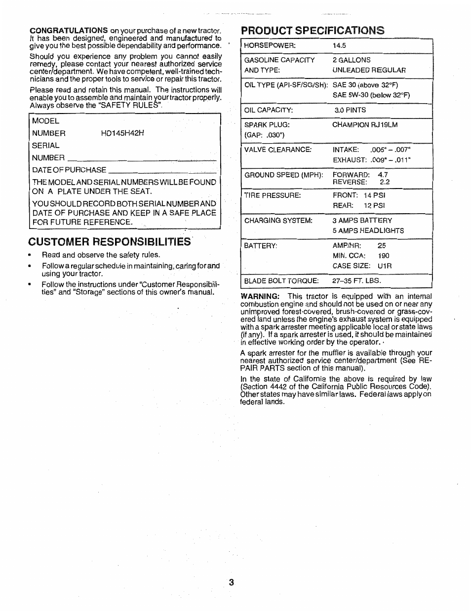 Product specifications, Customer, Responsibilities | Poulan 163022 User Manual | Page 3 / 52