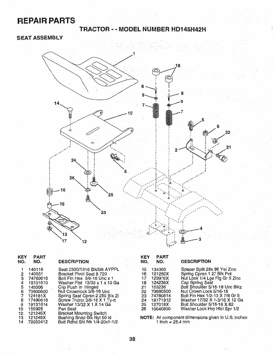 Seat assembly, Repair parts | Poulan 163022 User Manual | Page 38 / 52
