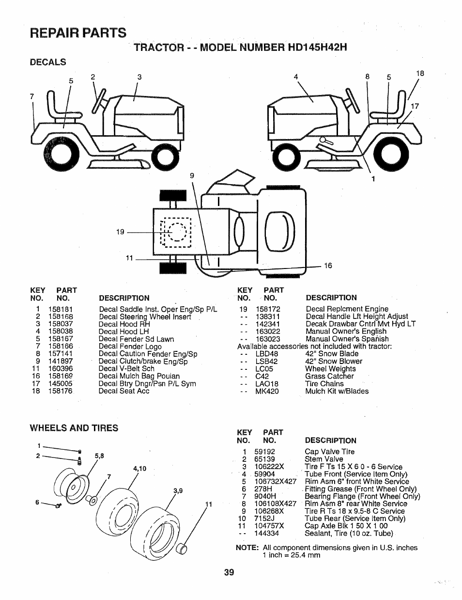 Repair parts, Decals, Wheels and | Poulan 163022 User Manual | Page 39 / 52