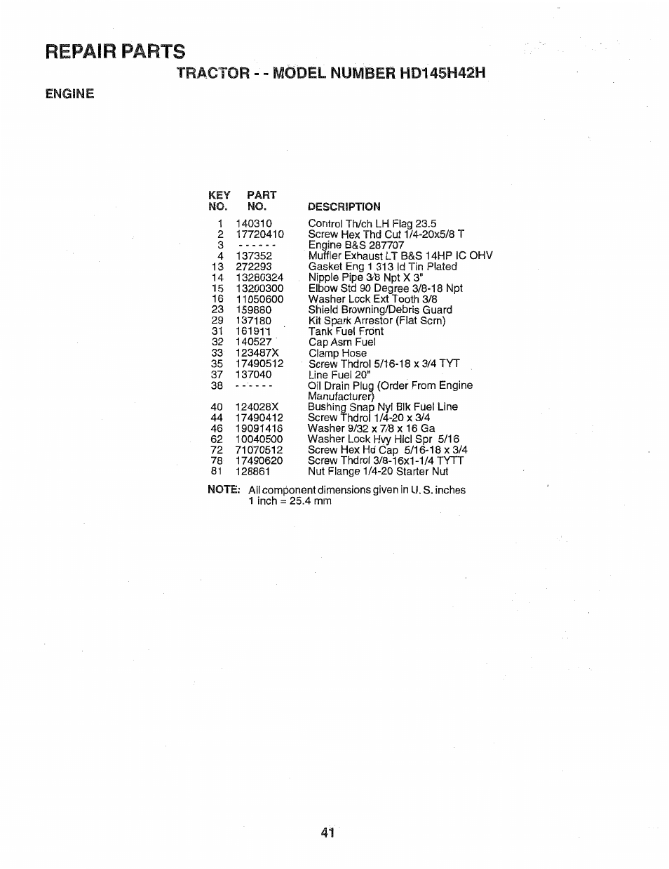 Repair parts, Engine | Poulan 163022 User Manual | Page 41 / 52