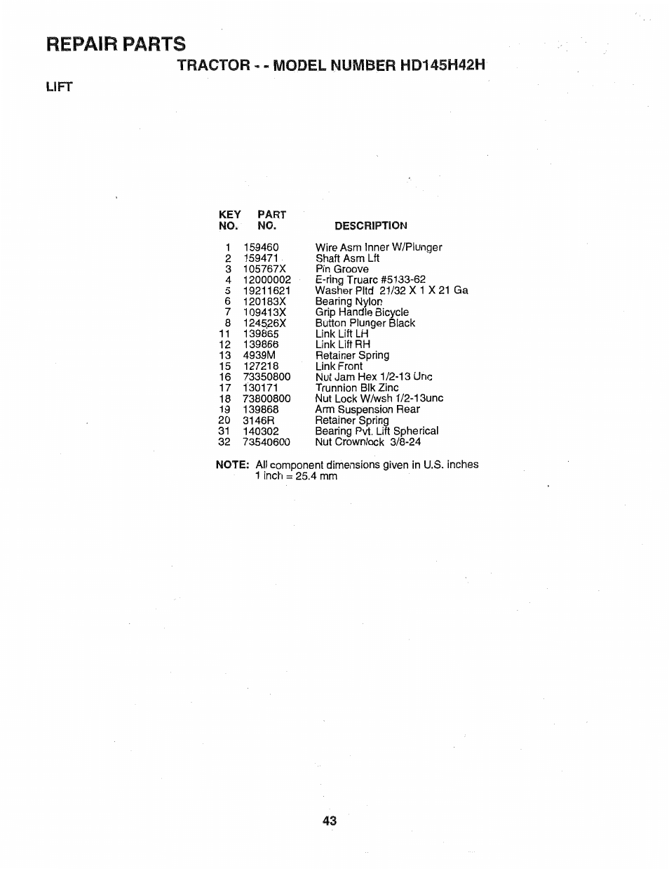 Lift repair parts | Poulan 163022 User Manual | Page 43 / 52