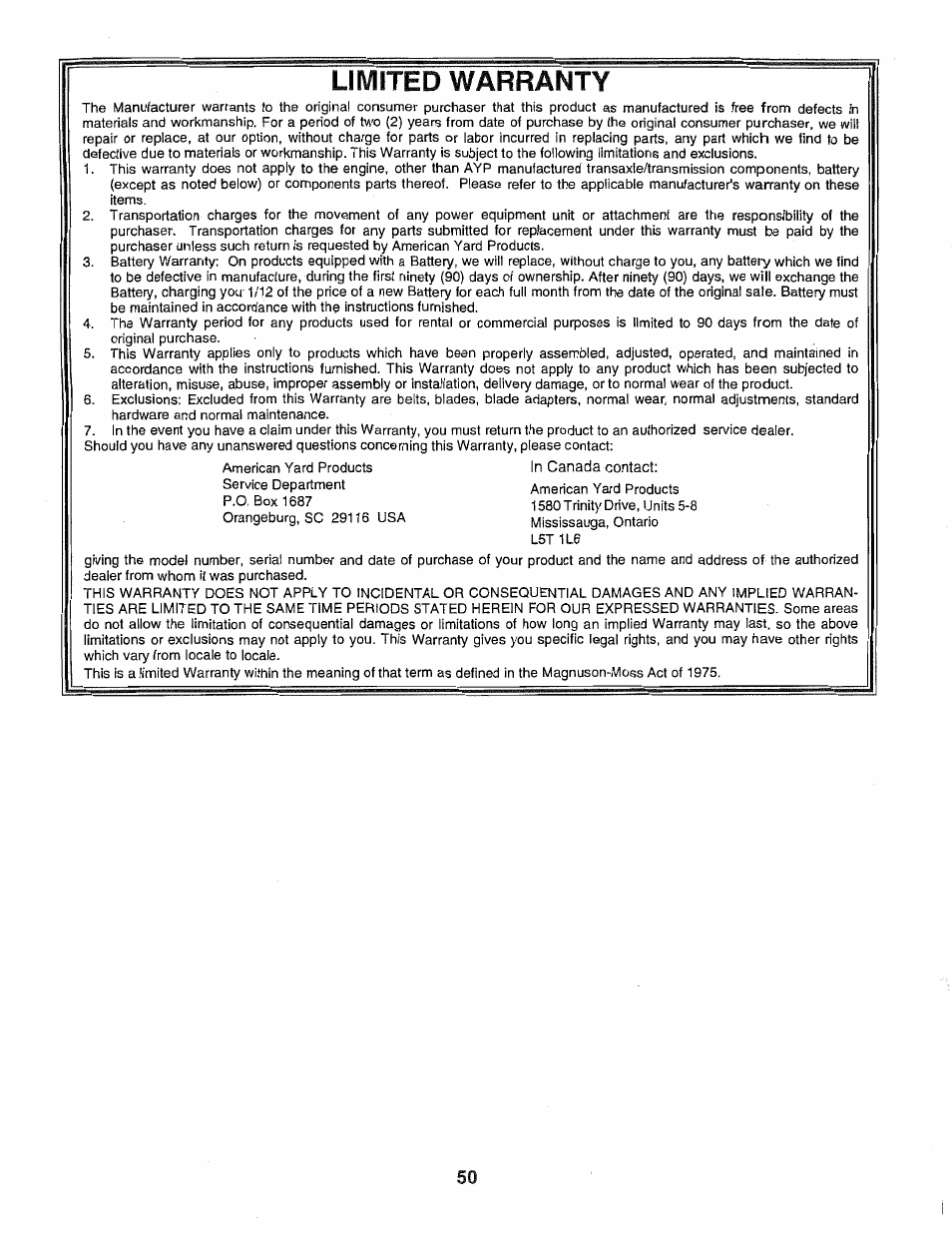 Limited warranty | Poulan 163022 User Manual | Page 50 / 52