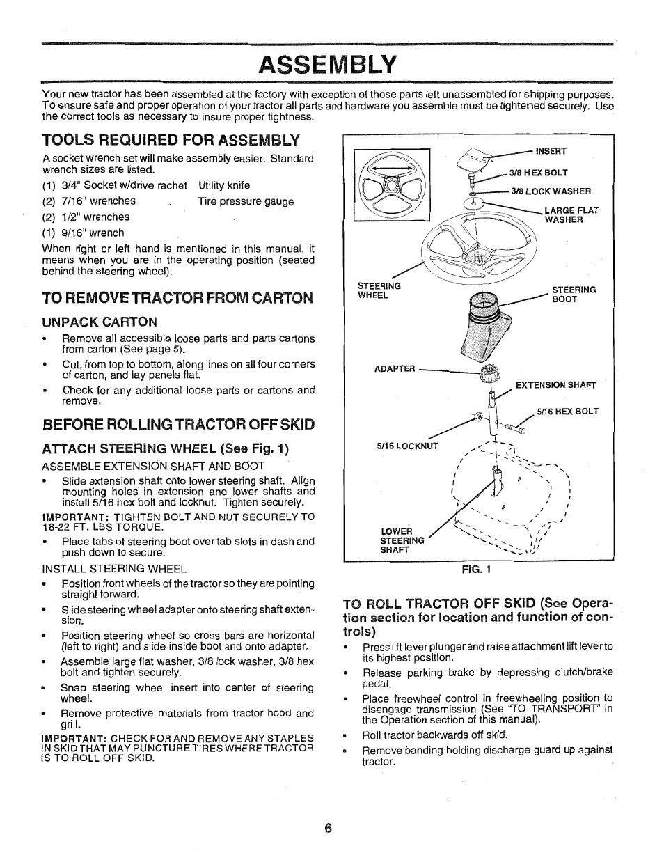 Attach steering wheel (see fig. 1), Assembly, Tools required for assembly | Before rolling tractor off skid, Unpack carton | Poulan 163022 User Manual | Page 6 / 52