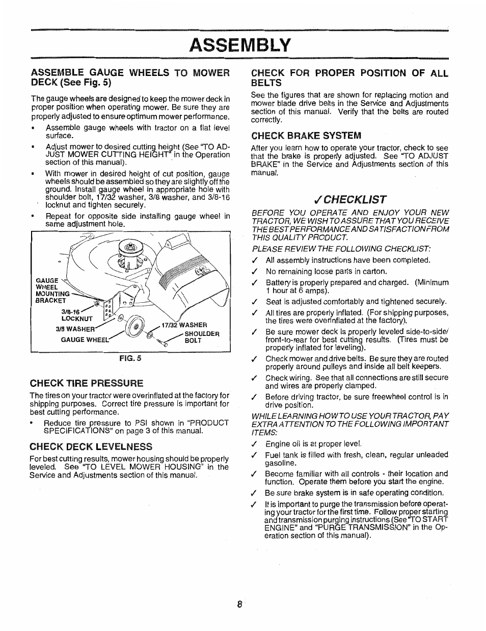 Assemble gauge wheels to mower deck (see fig. 5), Check tire pressure, Check deck levelness | Check for proper position of all belts, Check brake system, Assembly, Checklist | Poulan 163022 User Manual | Page 8 / 52