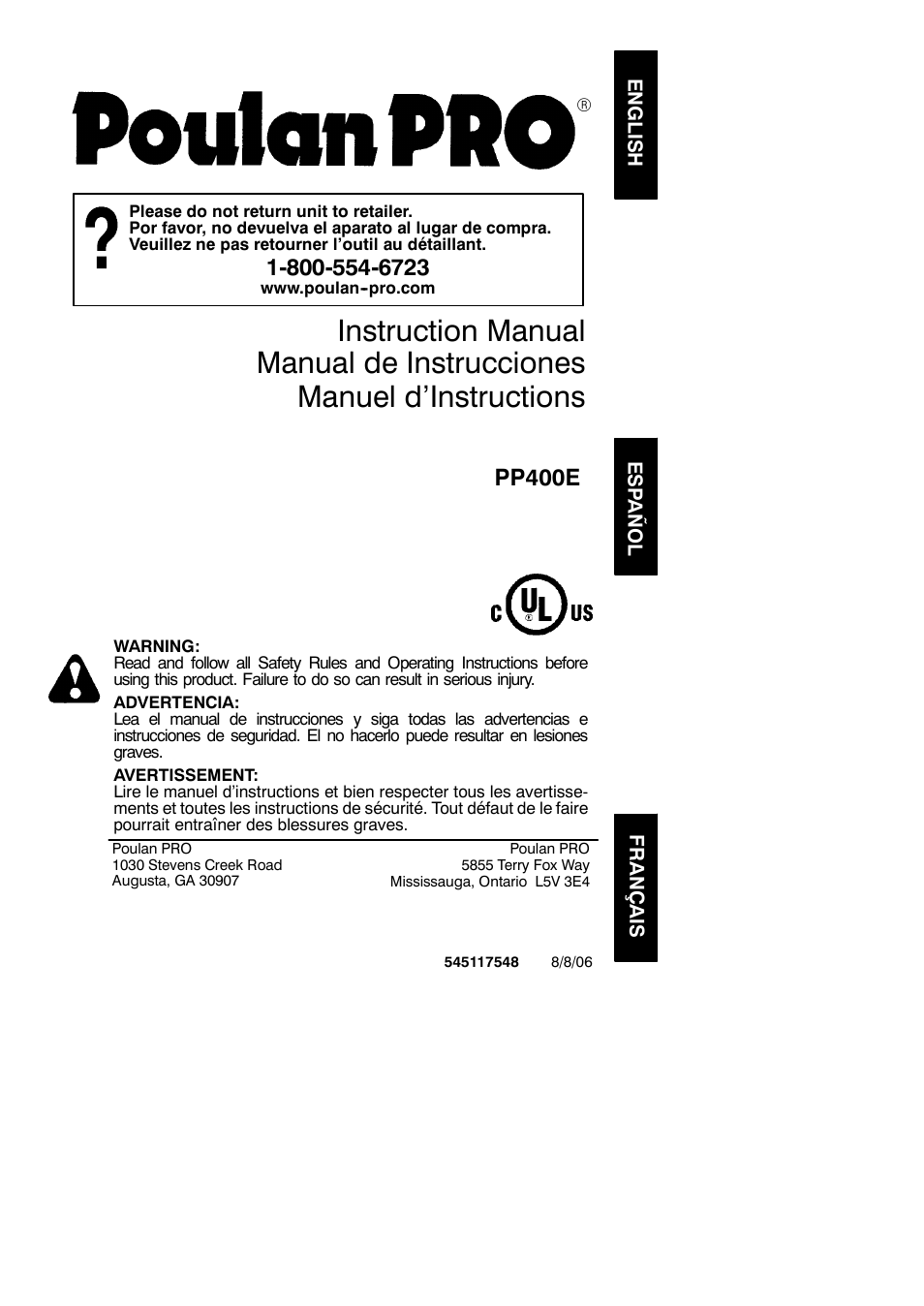 Poulan Pro PP400E User Manual | 16 pages