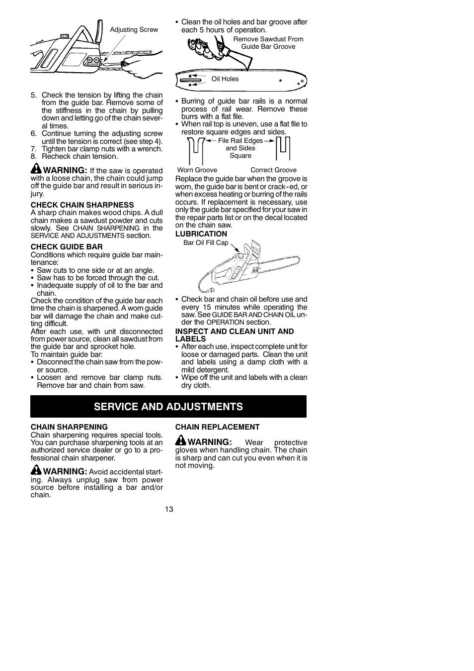 Service and adjustments | Poulan Pro PP400E User Manual | Page 13 / 16