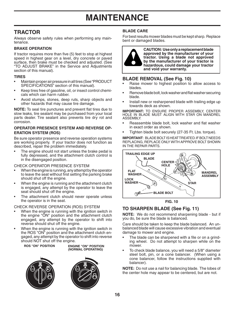 Maintenance, Tractor | Poulan 405385 User Manual | Page 16 / 30