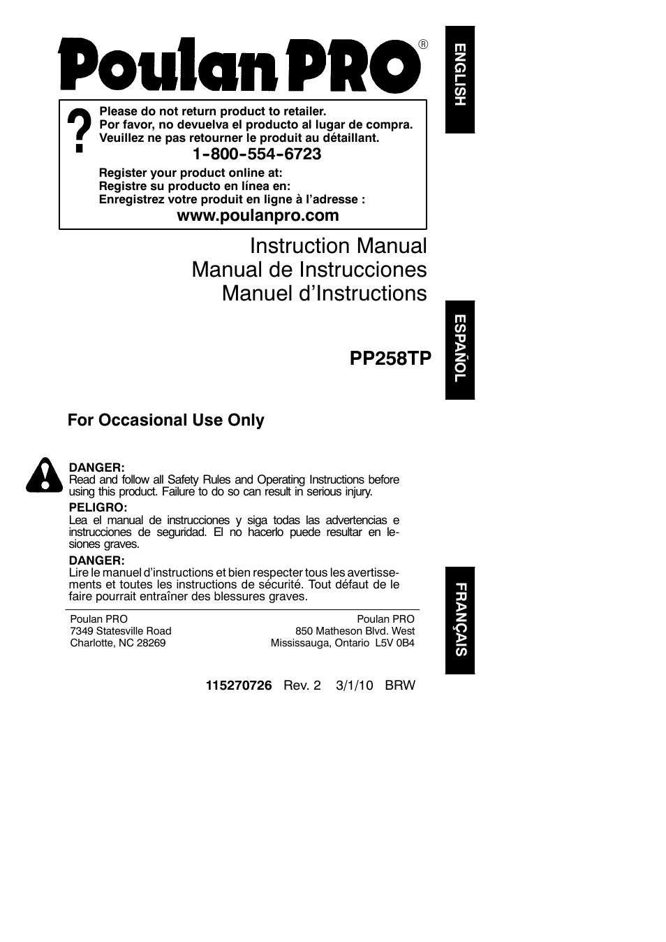Poulan Pro PP258TP User Manual | 22 pages