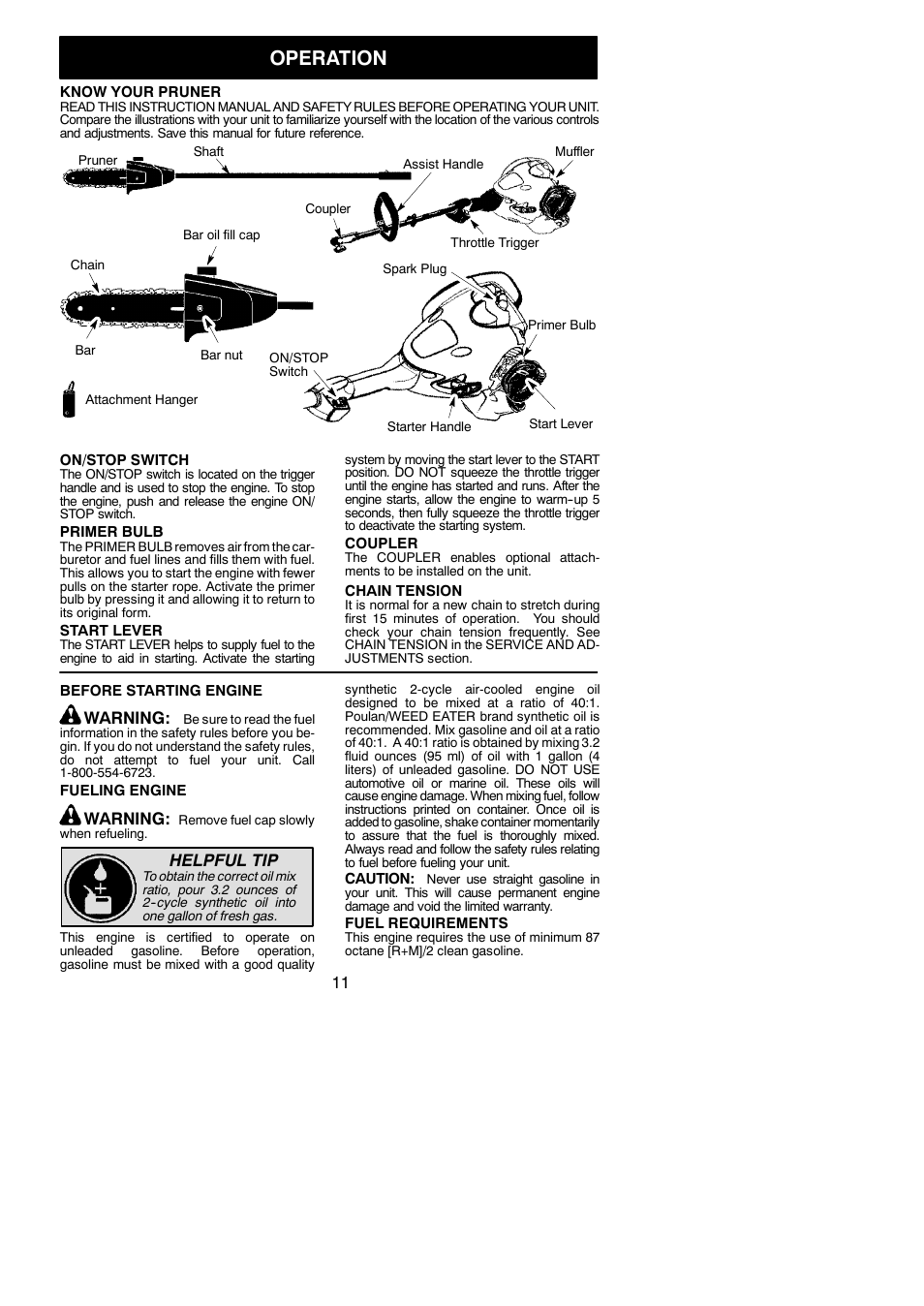 Operation, Warning, Helpful tip | Poulan Pro PP258TP User Manual | Page 11 / 22