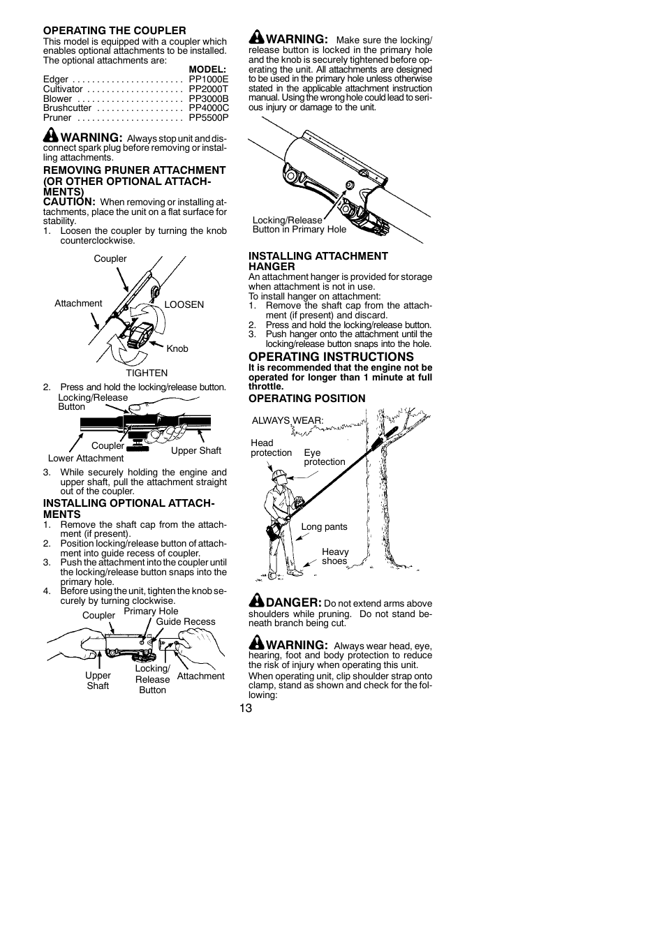 Warning, Operating instructions, Danger | Poulan Pro PP258TP User Manual | Page 13 / 22