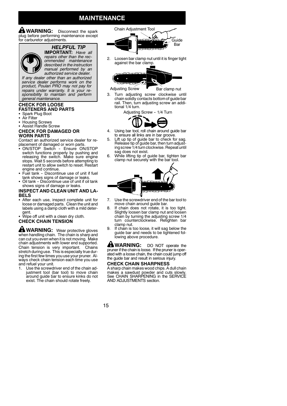 Maintenance, Warning, Helpful tip | Poulan Pro PP258TP User Manual | Page 15 / 22
