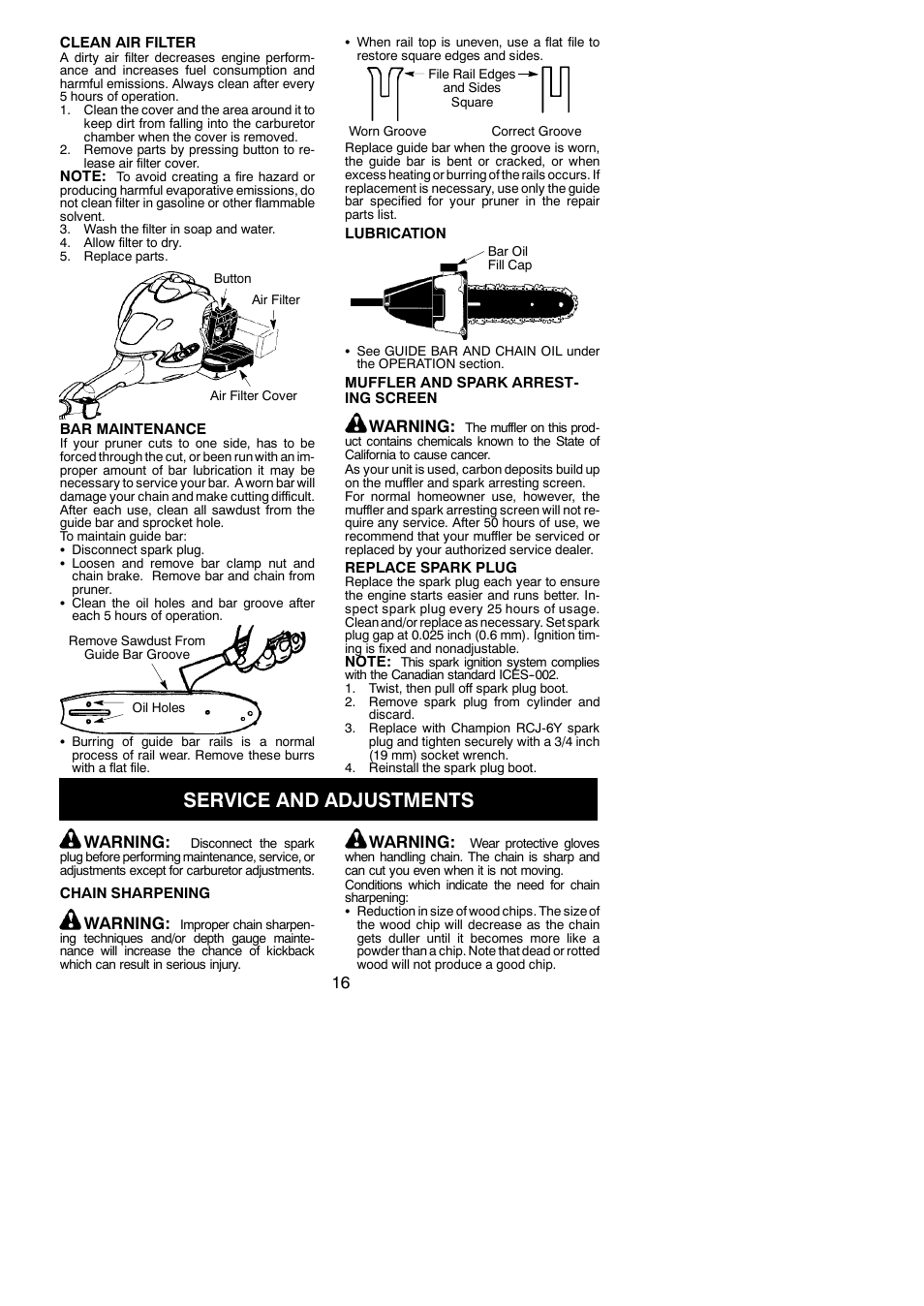 Service and adjustments, Warning | Poulan Pro PP258TP User Manual | Page 16 / 22