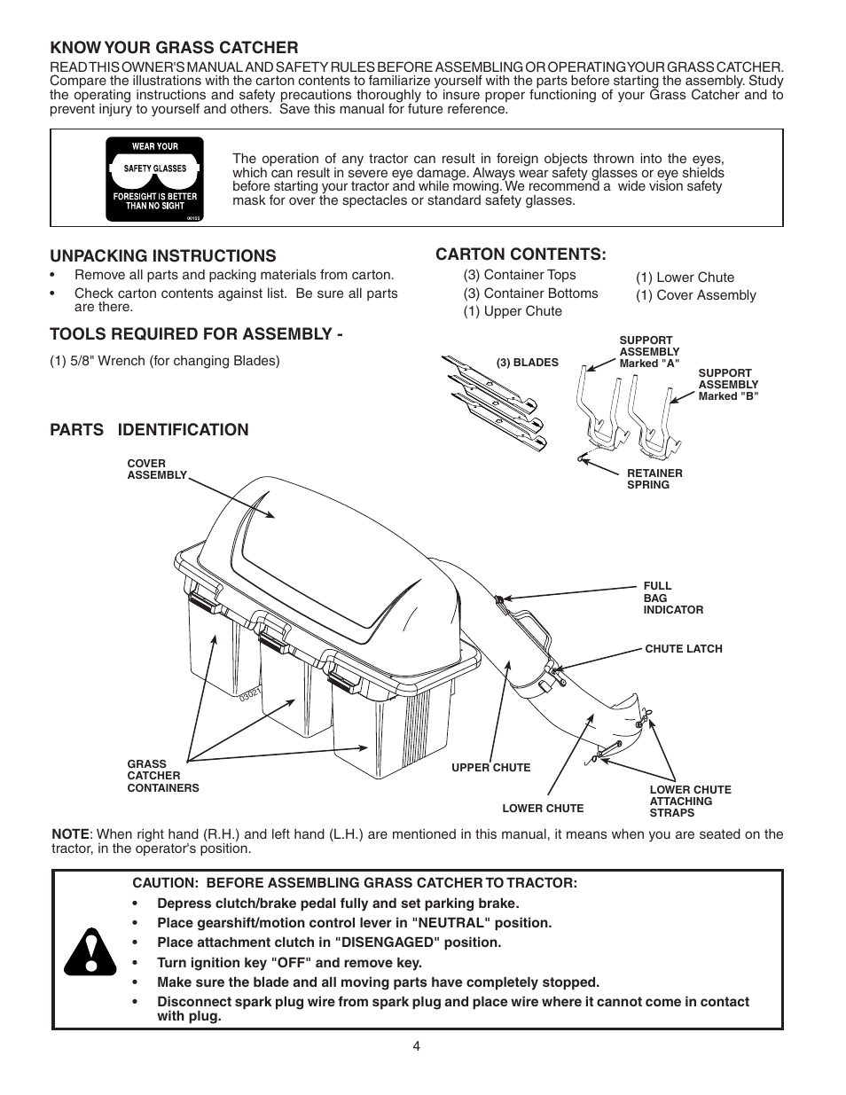 Know your grass catcher, Parts identification, Unpacking instructions | Carton contents, Tools required for assembly | Poulan 96072001000 User Manual | Page 4 / 11