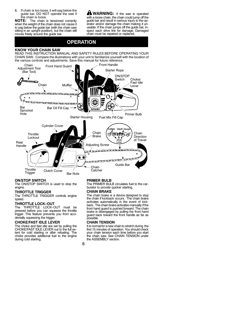 Operation, Warning | Poulan 545186808 User Manual | Page 8 / 20