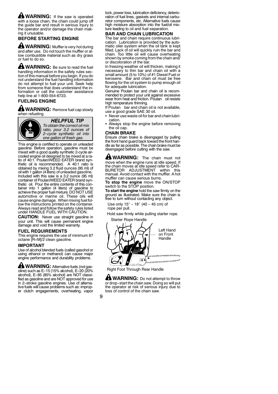 9warning, Warning, Helpful tip | Poulan 545186808 User Manual | Page 9 / 20