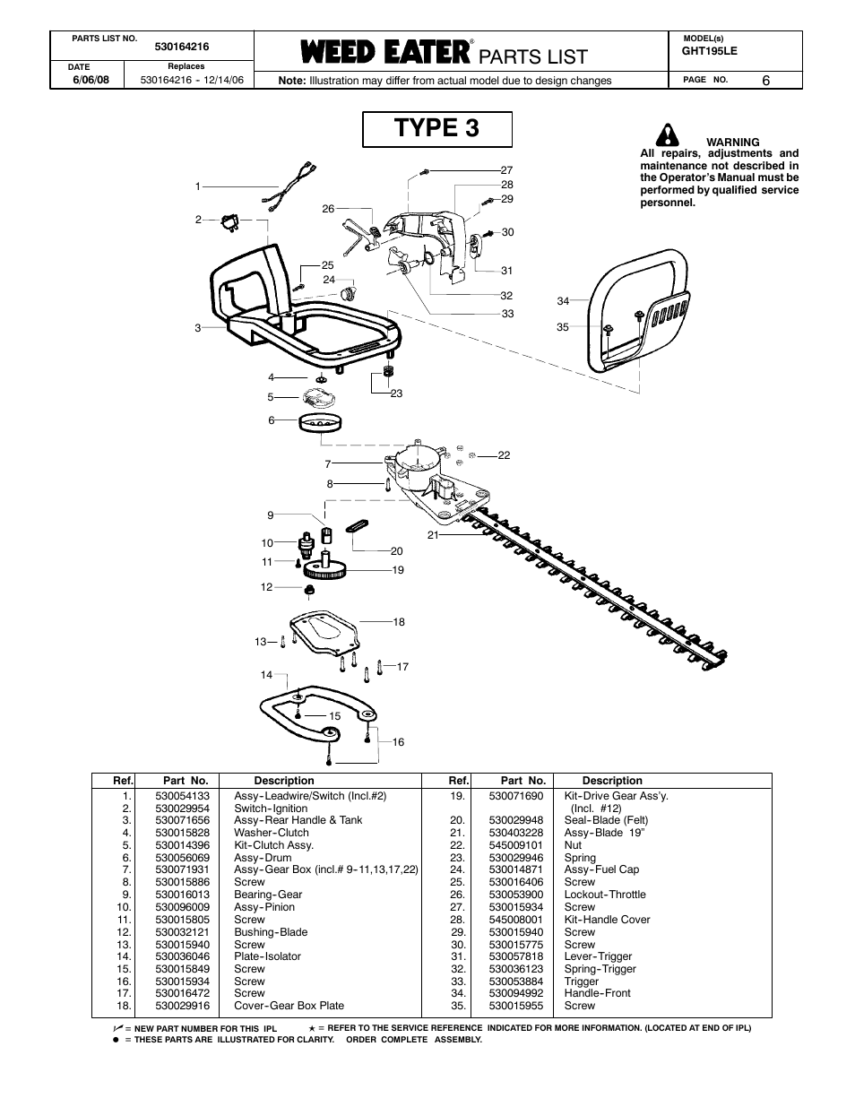 Type 3, Poulan parts list, Poulan pro parts list paramount parts list | Parts list | Poulan GHT195LE User Manual | Page 6 / 7